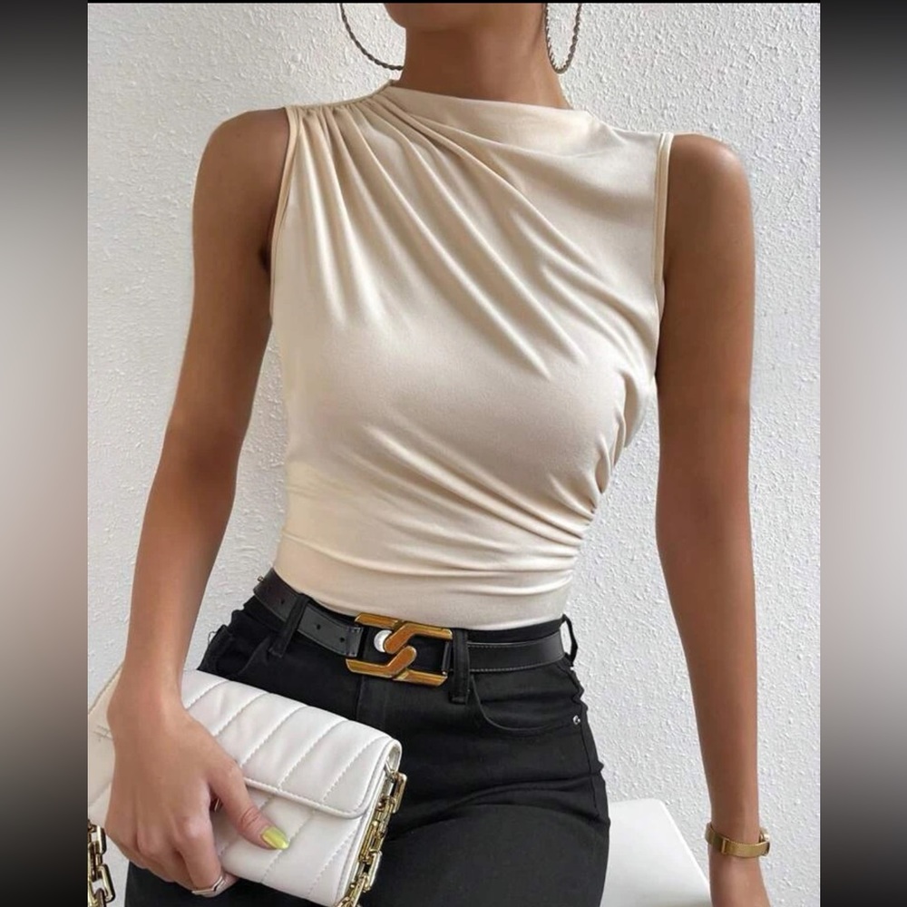 Apricot mock neck ruched tank top
